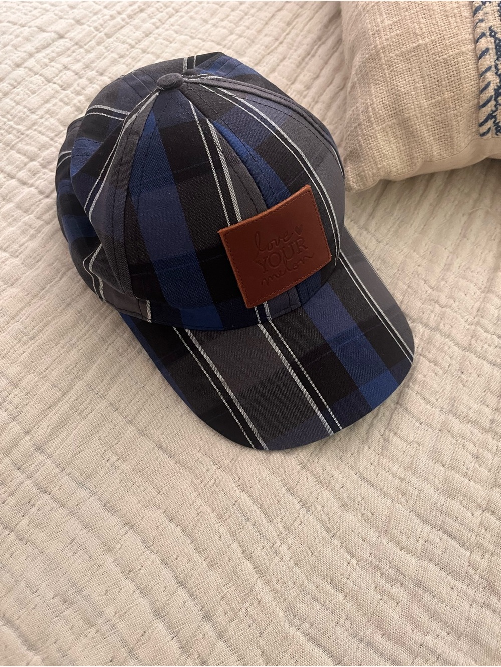 Love your Melon Blue and Black Plaid Cap with Leather Patch